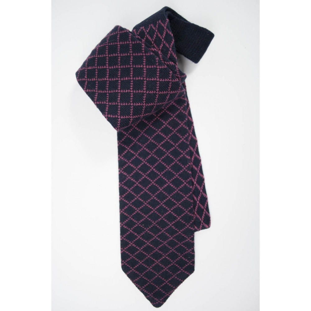 Knit tie Dark Blue Diamond pattern Pink - 100% Pure Cashmere - Made in Italy