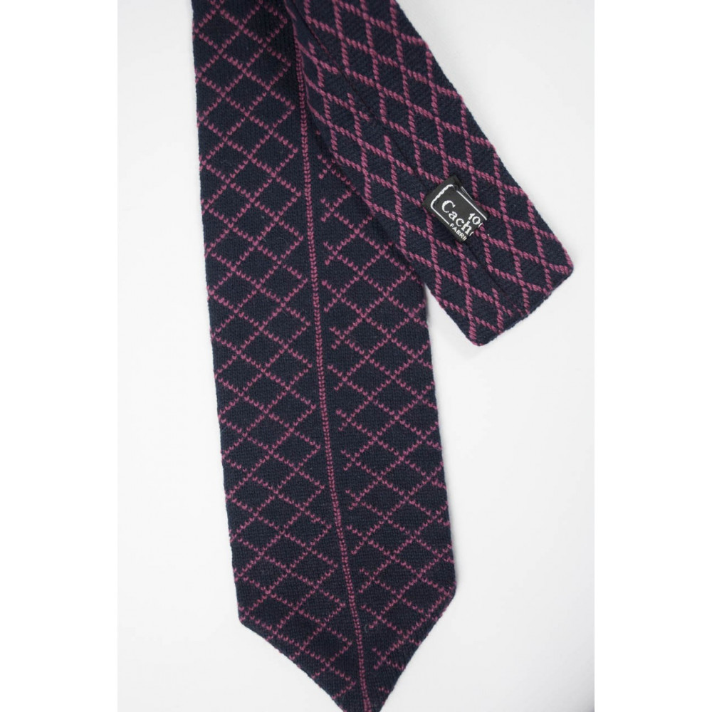 Cravatta in Maglia Blu Scuro Rombi Rosa - 100% Puro Cachemire - Made in Italy