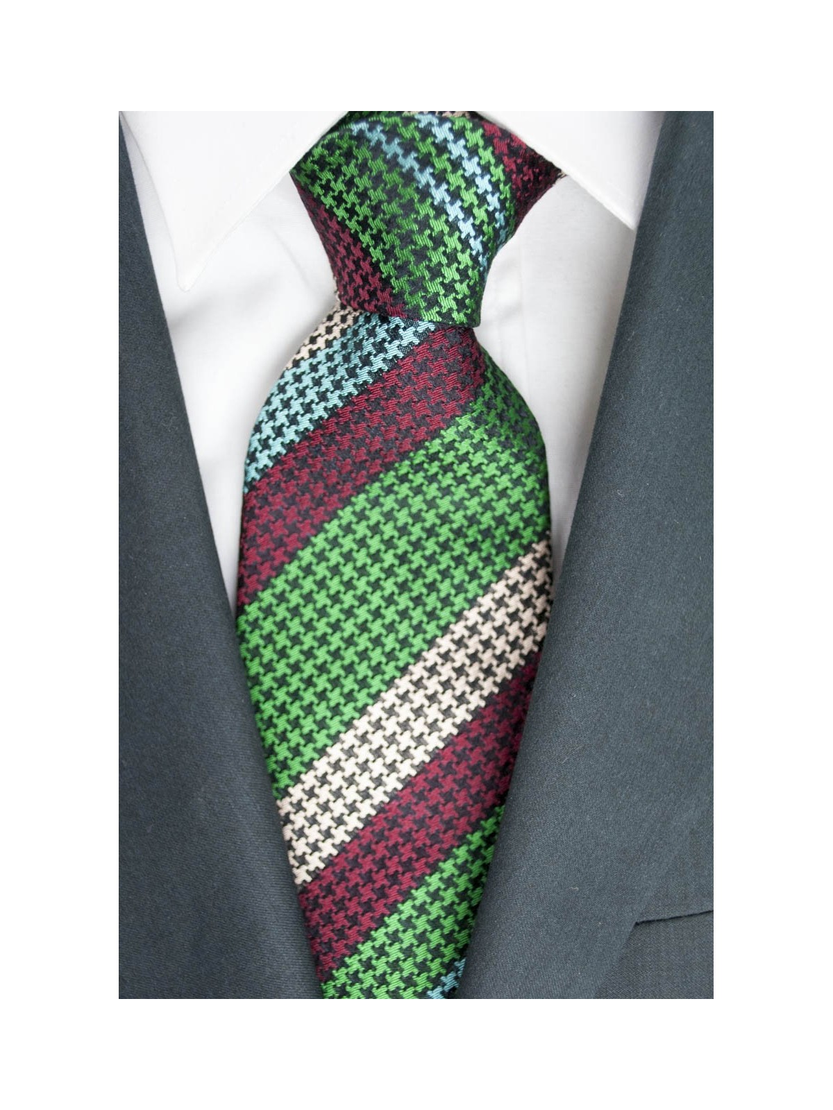 Regimental tie-Green and Burgundy houndstooth - 100% Pure Silk - Made in Italy