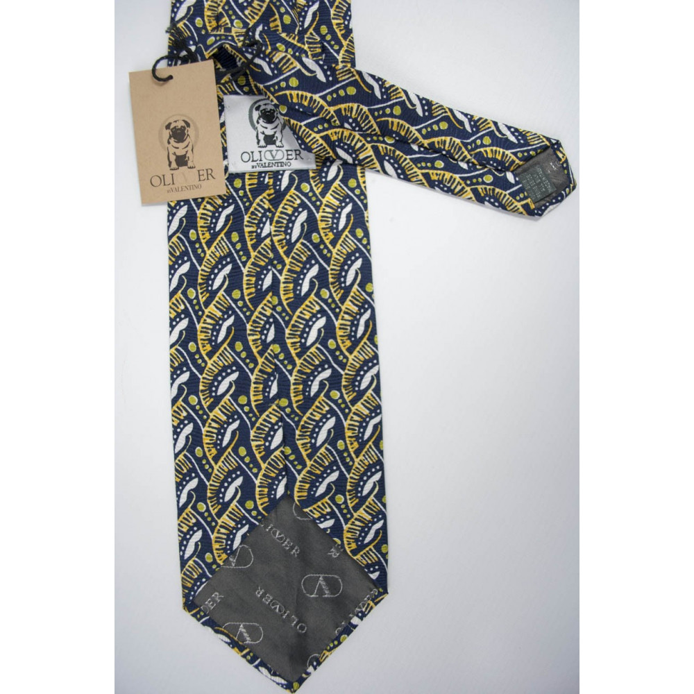 Krawatte Oliver Valentino-Blau Fantasie-Gelb und Weiß - 100% Reine Seide