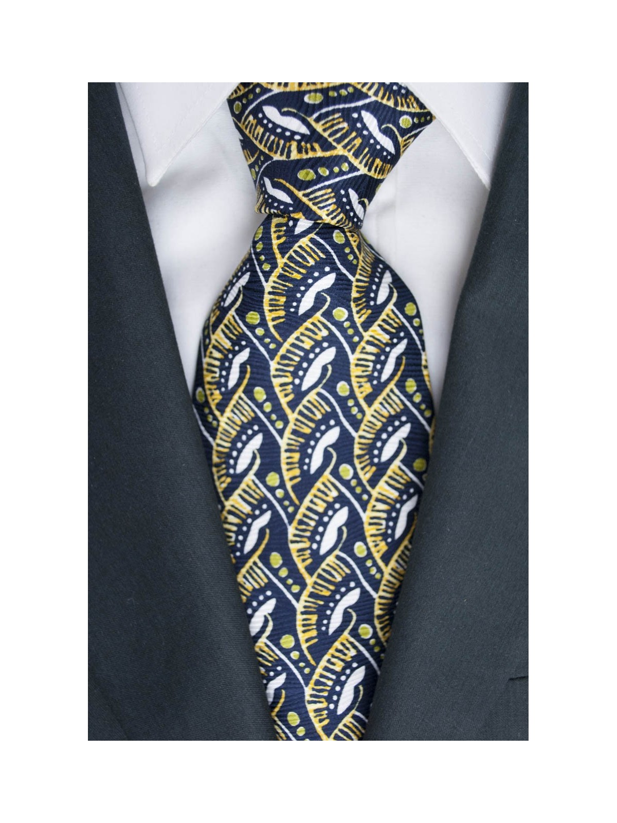 Krawatte Oliver Valentino-Blau Fantasie-Gelb und Weiß - 100% Reine Seide