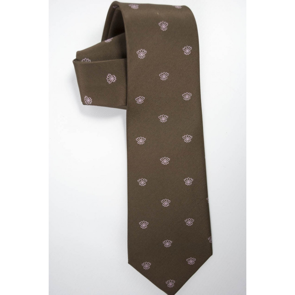 Brown tie with Small Designs Pink - 100% Pure Silk - Made in Italy