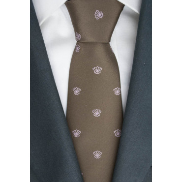 Cravatta Marrone Piccoli Disegni Rosa - 100% Pura Seta - Made in Italy