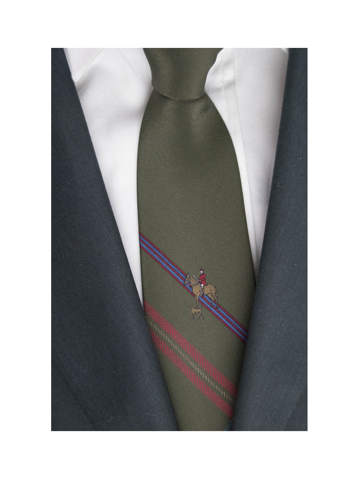 Cravatta Verde Scuro Cavallerizzo con Cane - 100% Pura Seta - Made in Italy