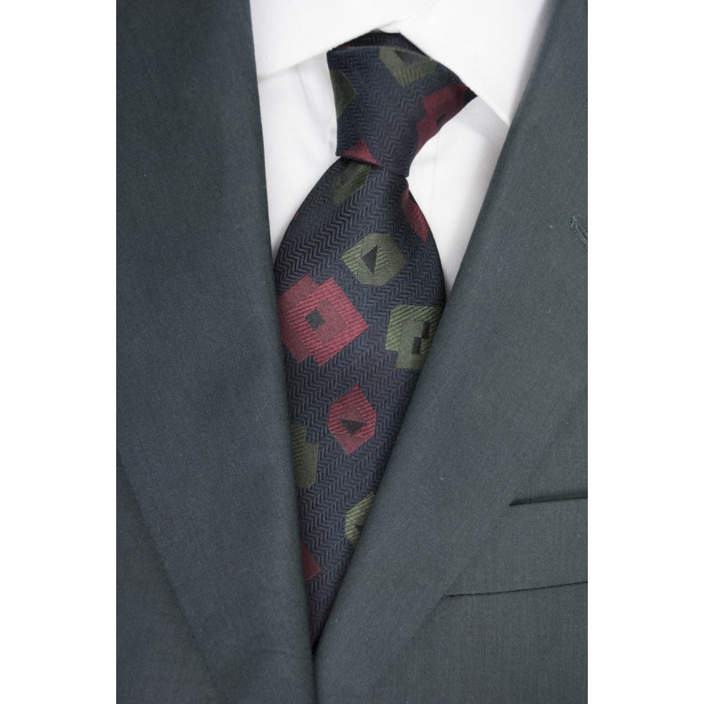 Cravatta Nero Quadri Disegni Giallo e Arancio - 100% Pura Seta