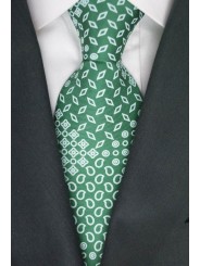 Green Tie With Small Designs White - 100% Pure Silk