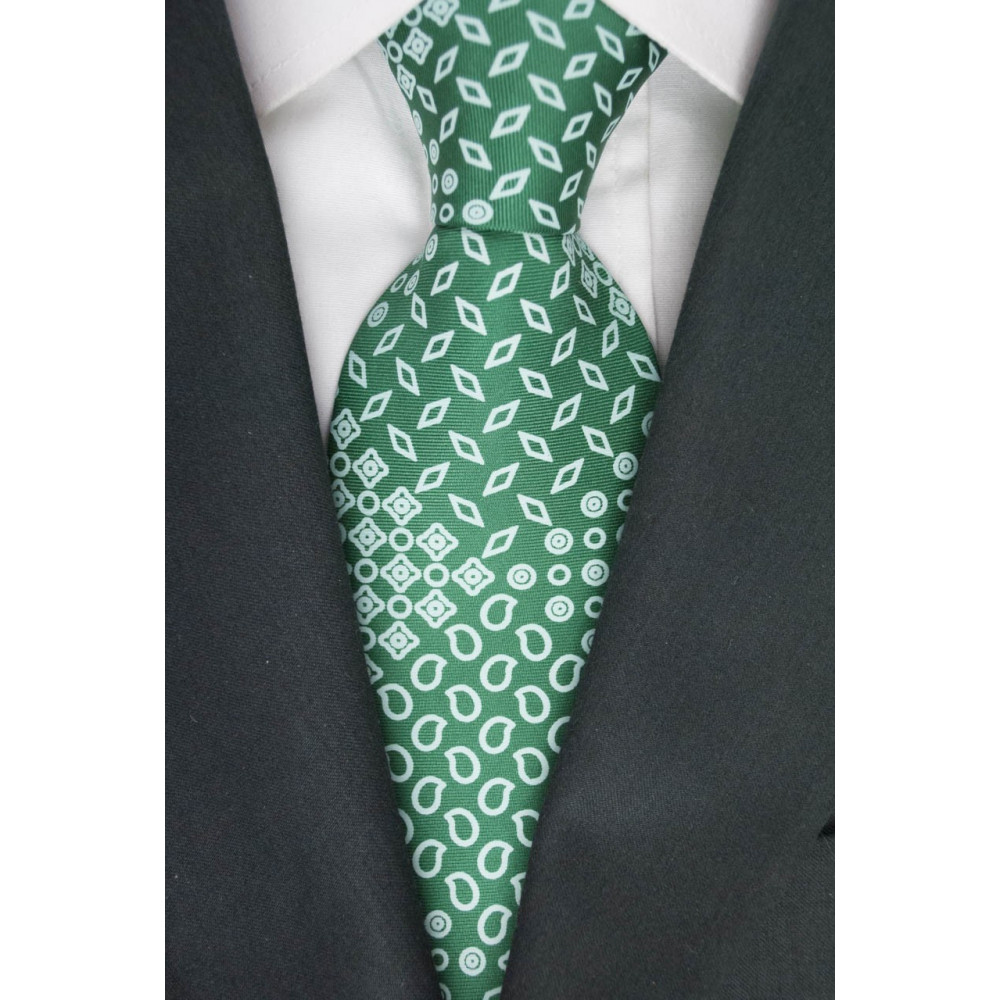 Cravatta Verde Piccoli Disegni Bianco - 100% Pura Seta