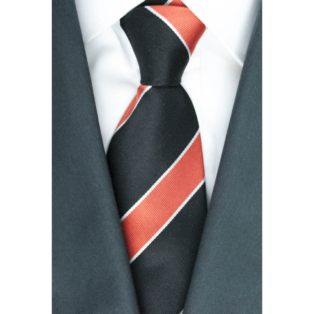 Krawatte Regimental in Schwarz und Orange - 100% Reine Seide
