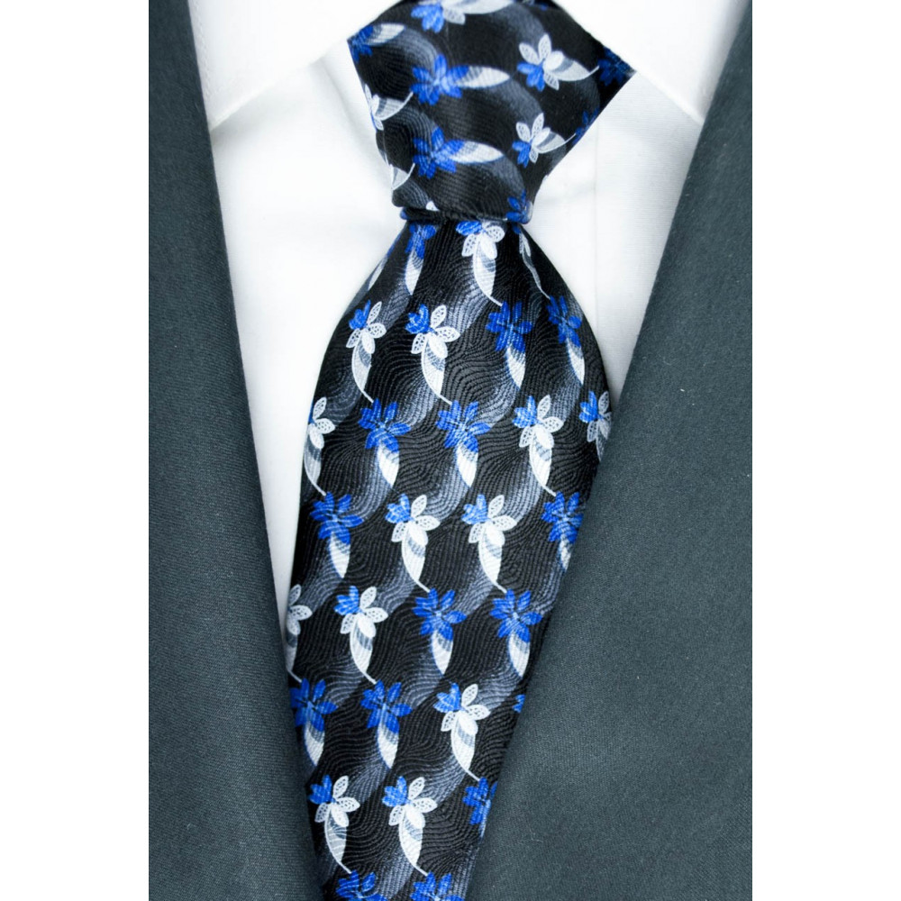 Corbata color Negro con Diseños en Azul y Gris - Daniel Hechter - 100% Pura Seda