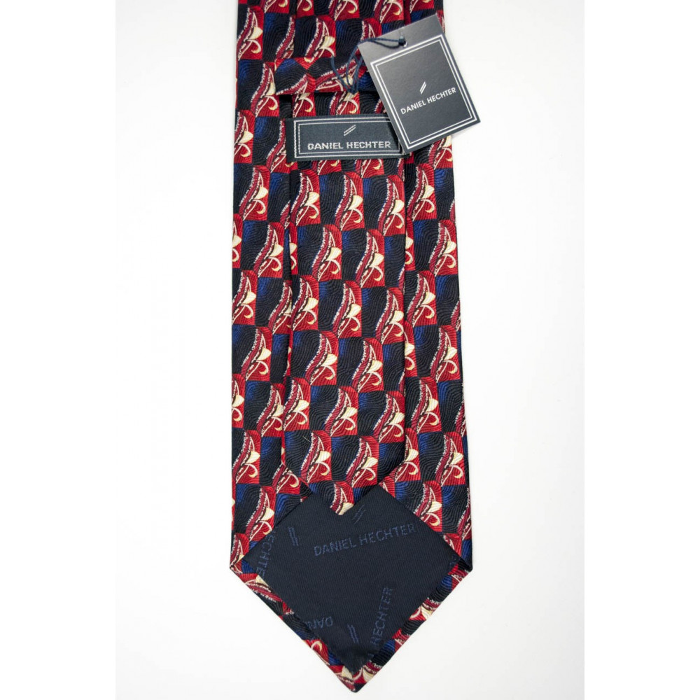Krawatte Schwarz Muster in Rot und Elfenbein - Daniel Hechter - 100% Reine Seide