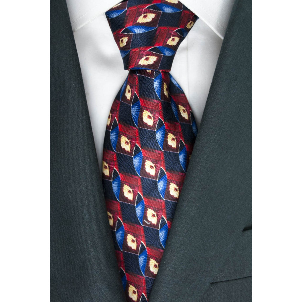Cravatta Blu Disegni in Rosso e Avorio - Daniel Hechter - 100% Pura Seta