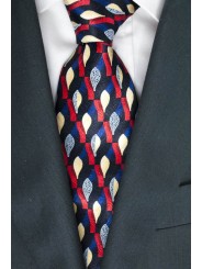 Cravatta Blu Disegni in Rosso Avorio Grigio - Daniel Hechter - 100% Pura Seta