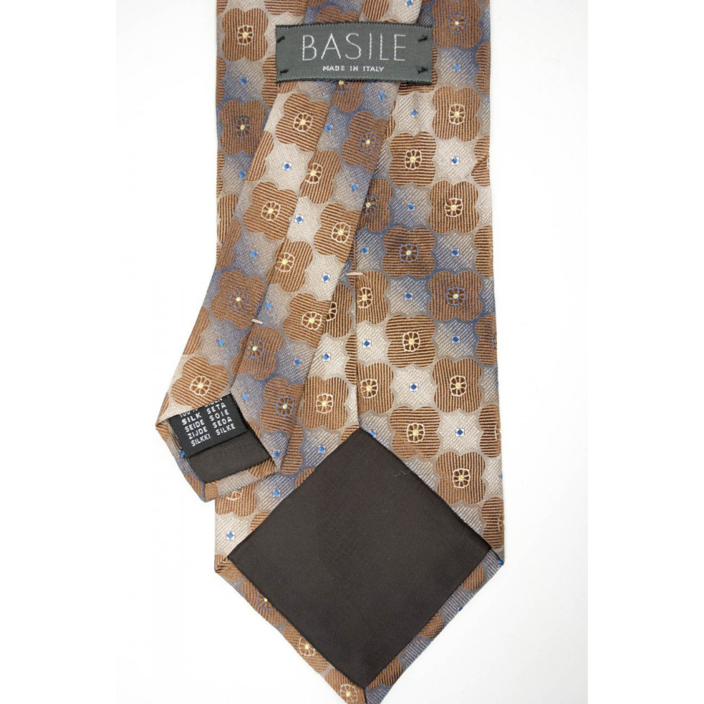 Krawatte In Beige, Kleine Geometrische Muster Braun - Basile - 100% Reine Seide