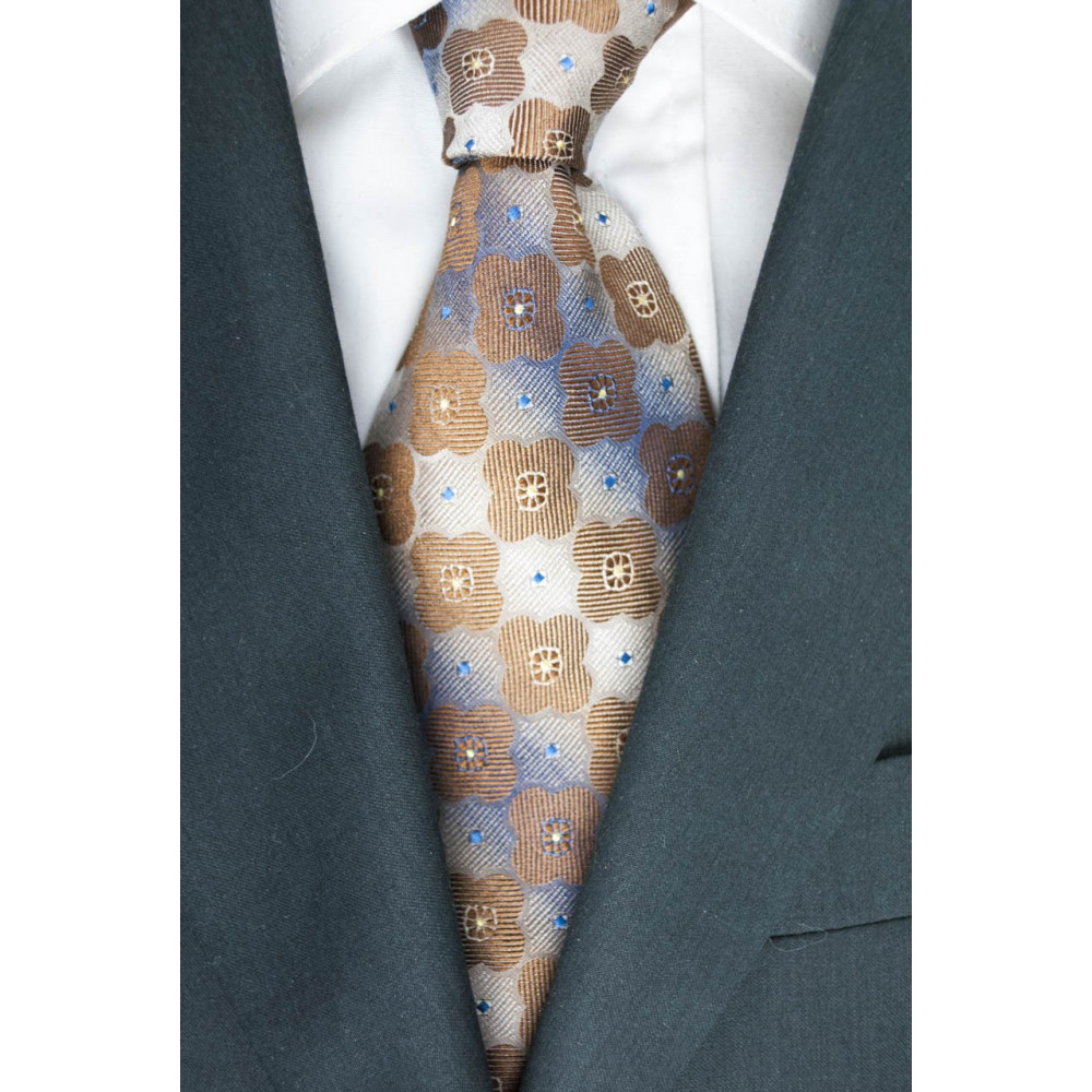 Cravatta Beige Piccoli Disegni Geometrici Marrone - Basile - 100% Pura Seta