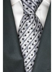 Corbata Color Gris Claro Pequeñas Diseños Geométricos En Negro - Basile - 100% Pura Seda