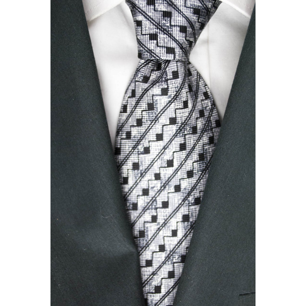 Krawatte Hellgrau Mit Kleinen Geometrischen Mustern In Schwarz - Basile - 100% Reine Seide