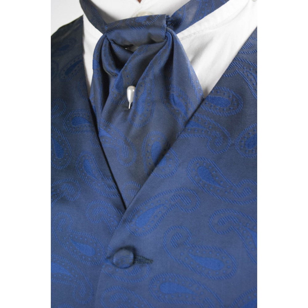 Veste + Ascot en Soie Pure-Taille 54 - Bleu Foncé dessins Paisley bleuet