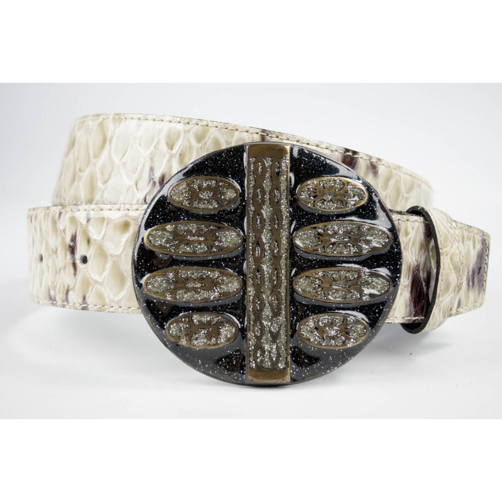Cintura Avorio stampato pitone lunga 105 cm fibbia medaglione laccato con brillantini - taglie forti