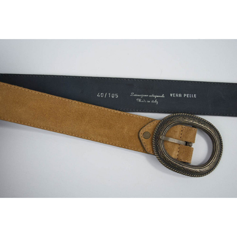 Cintura Marrone in pelle scamosciata lunga 105 cm fibbia dorata - taglie forti
