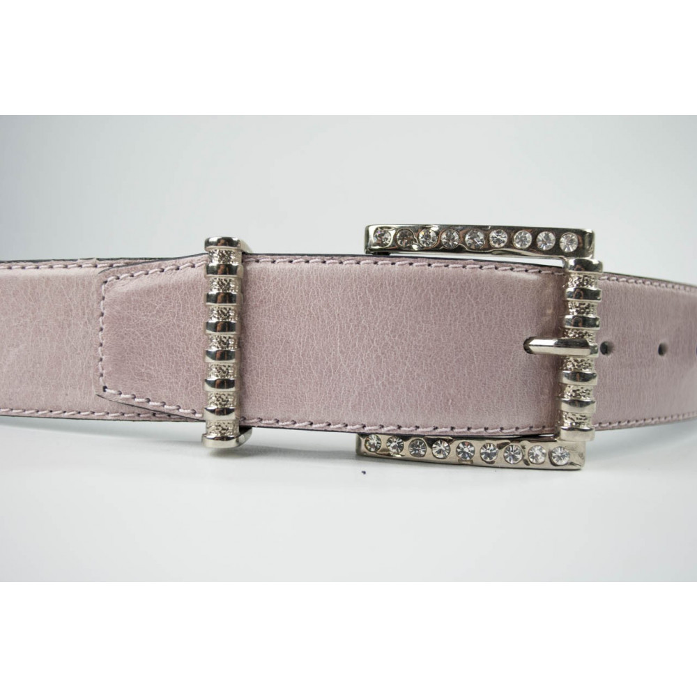 Cintura Rosa in cuoio lunga 95 cm fibbia cromata e strass - taglie forti