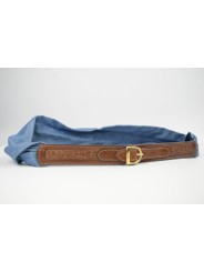 Cintura Arfango a fascia in pelle Marrone e tessuto Jeans morbido lunga 80 cm fibbia dorata