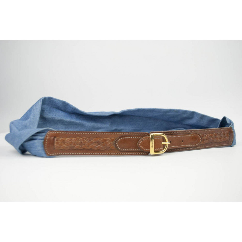 Cintura Arfango a fascia in pelle Marrone e tessuto Jeans morbido lunga 80 cm fibbia dorata