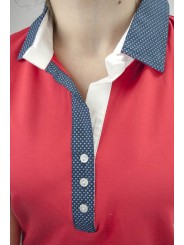 Coveri Women Polo M 44 Red collar, Blue polka Dots