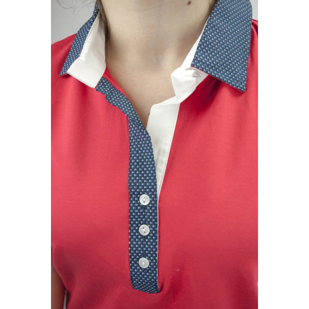 Coveri Women Polo M 44 Red collar, Blue polka Dots