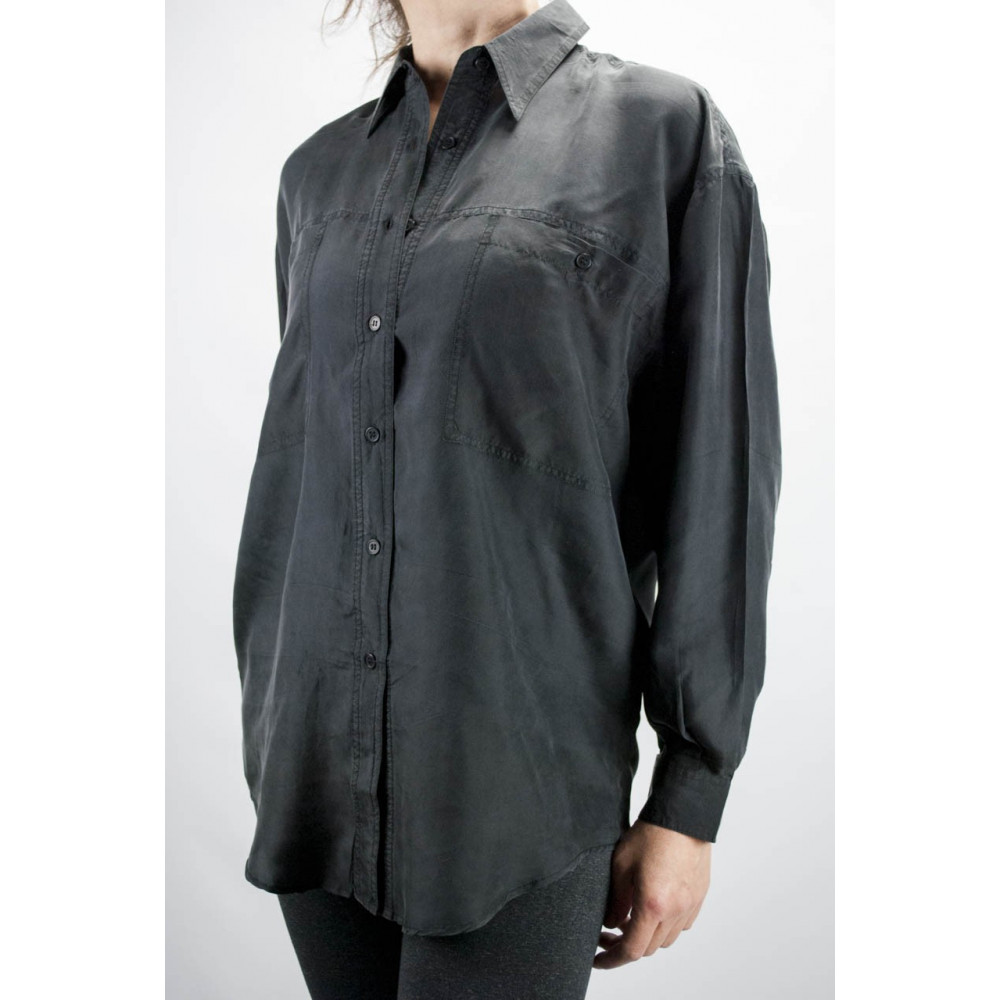 Camisa De Seda Pura Stonewash Negro Tintaunita - M - Manga Larga