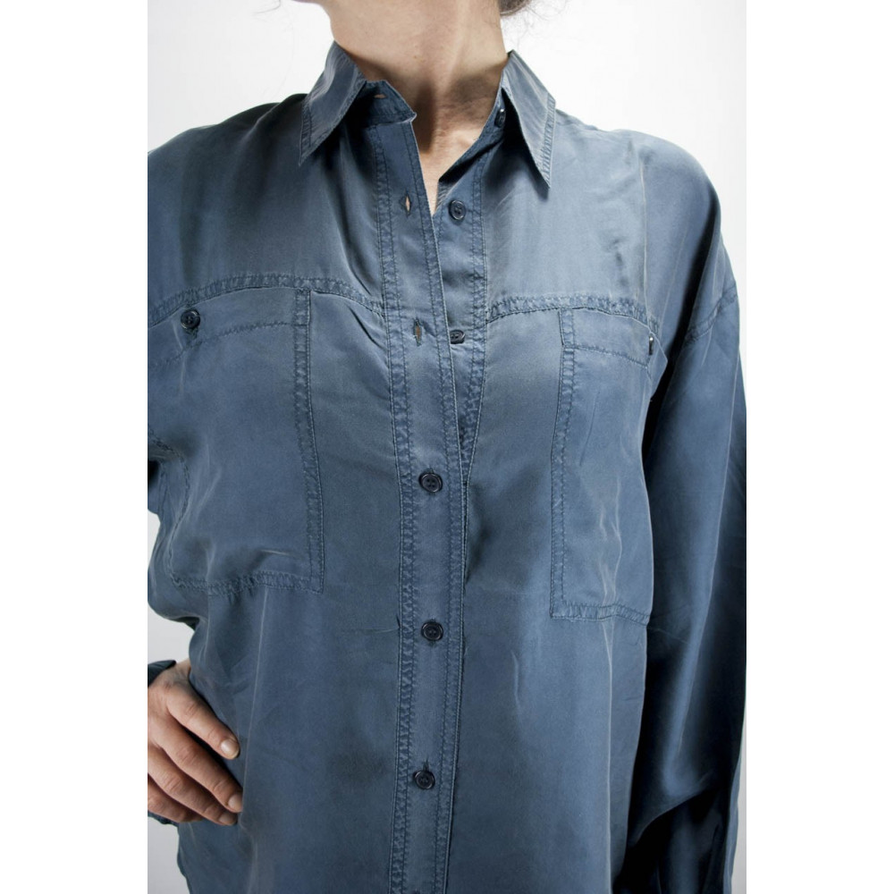 Camisa De Seda Pura Stonewash Azul Oscuro Tintaunita - L - Manga Larga