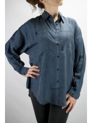 Camisa De Seda Pura Stonewash Azul Oscuro Tintaunita - L - Manga Larga