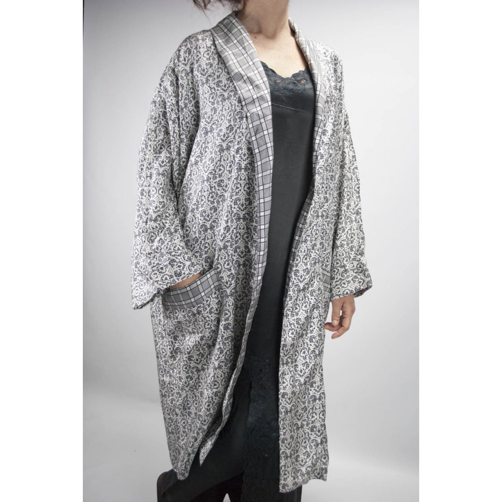 Vestaglia Kimono Donna Pura Seta Bianco Nero Arabesque - S M L 