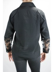 Shirt Woman Black Pure Silk Lace Sleeves - M L 