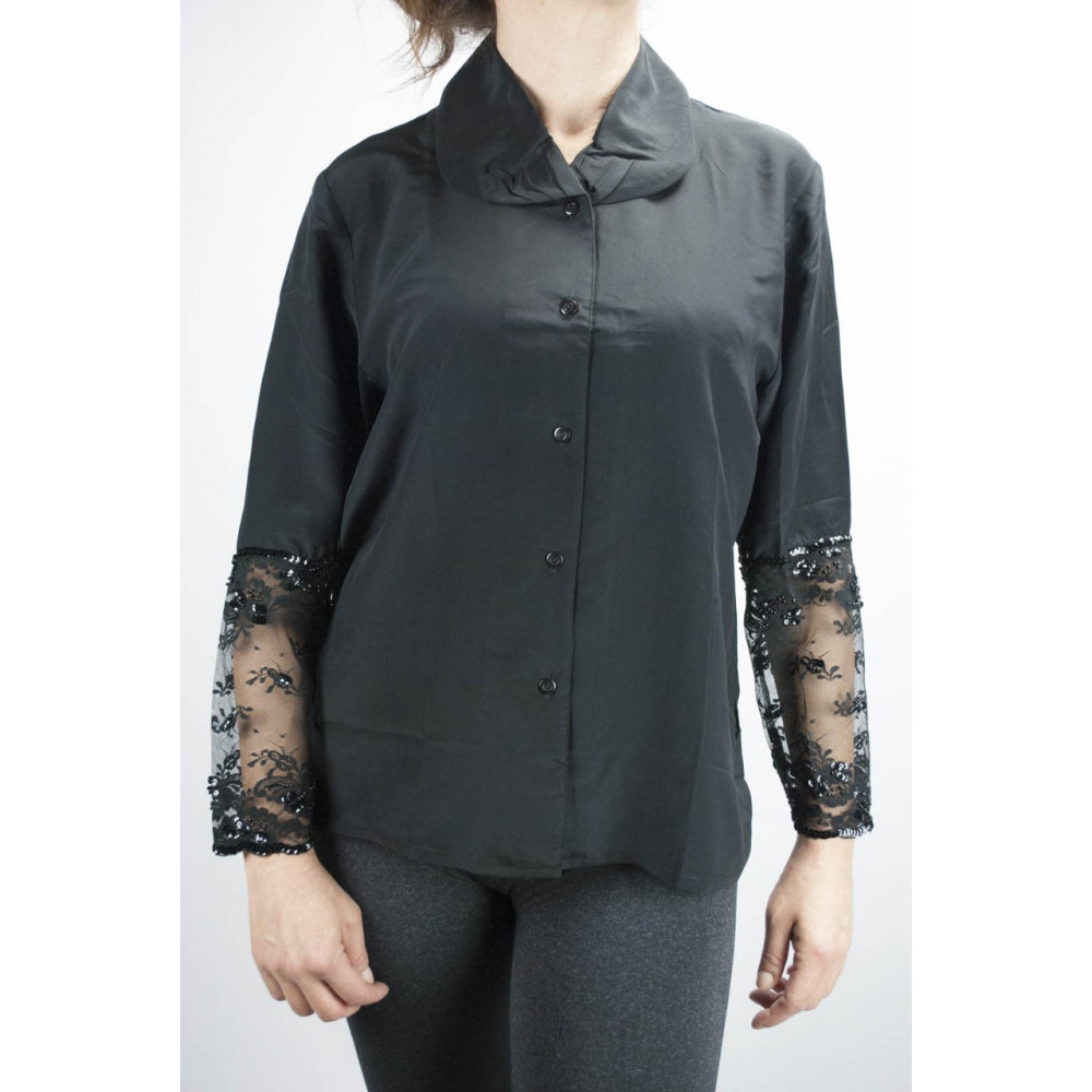 Camisa De Mujer Negro De Pura Seda Con Mangas De Encaje - M L 