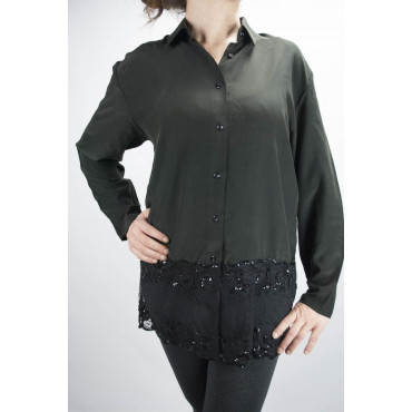 Shirt Woman Black Pure Silk Lace Sleeves - M