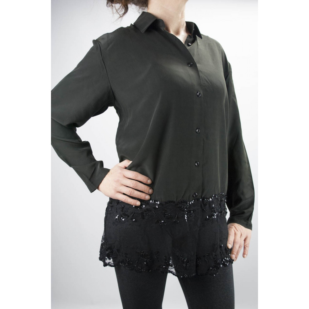 Shirt Woman Black Pure Silk Lace Sleeves - M