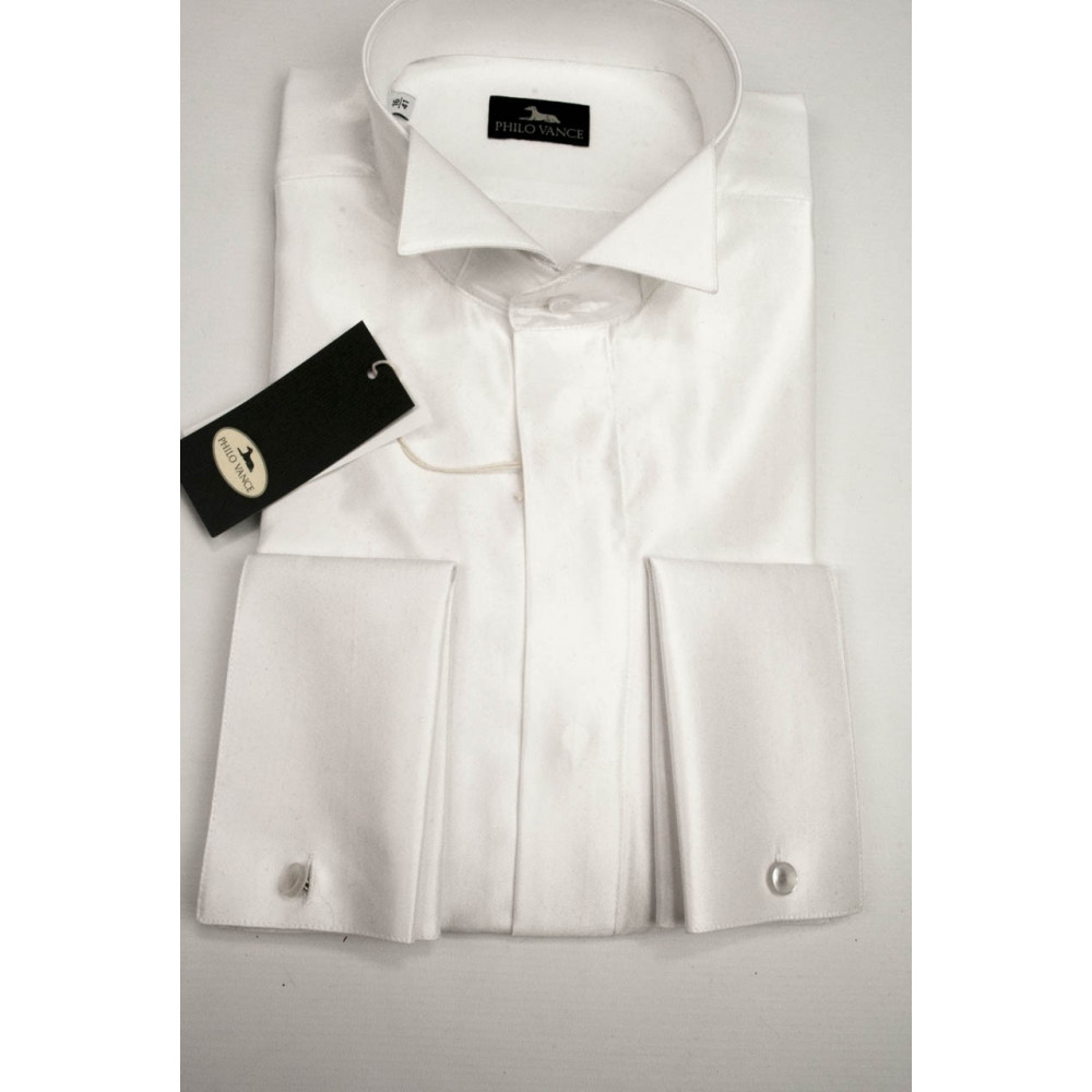 Herren-Smokinghemd mit Schwalbenschwanzkragen aus weißem, glänzendem Stoff, Größen 39-46