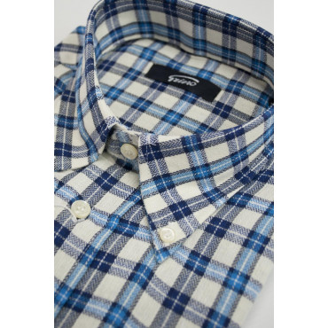 Camicia Uomo Flanella Bianco Quadretti Azzurro e Bluette collo ButtonDown
