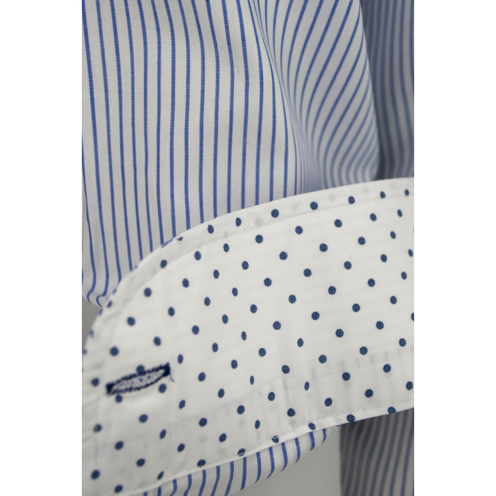 Мужчынская кашуля 41-16 з шырокім каўняром у светла-блакітныя палосы на белым з насоўкай і каўняром у гарошак - Філа Вэнс