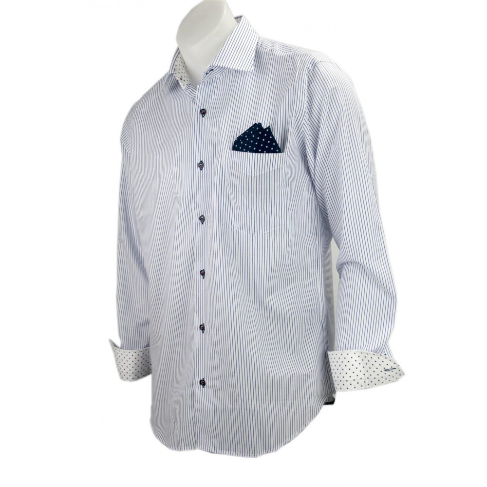 Heren Overhemd 41-16 Spread Collar Lichtblauwe Strepen op Wit met Zakdoek en Polka Dot Collar - Philo Vance