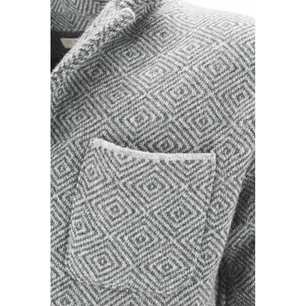 Men's Knitted Jacket 46 S Gray Geometric Pattern Black Wool Blend 2 Buttons - Regular Fit