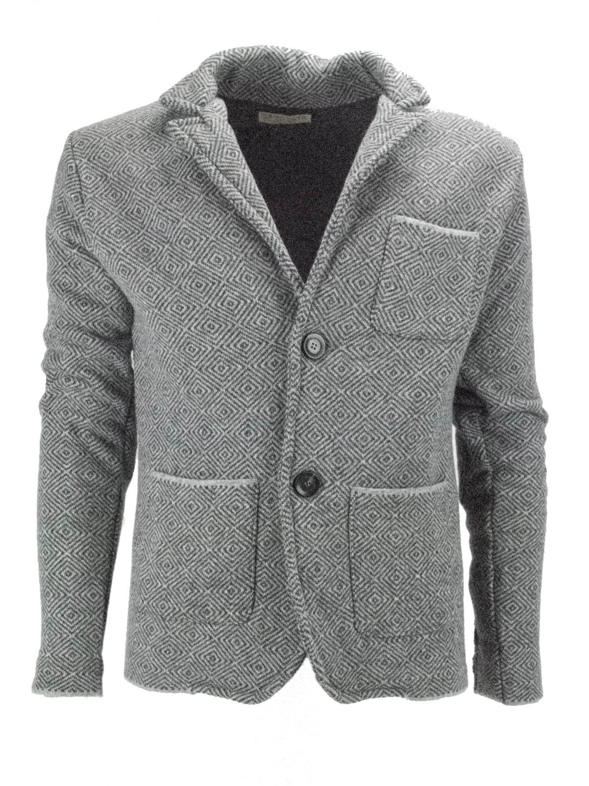 Men's Knitted Jacket 46 S Gray Geometric Pattern Black Wool Blend 2 Buttons - Regular Fit