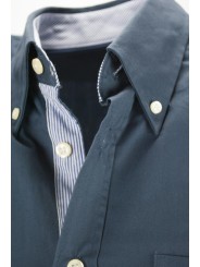 Chemise homme boutonnée en sergé bleu foncé à l'intérieur du col avec des rayures bleu clair - Grino