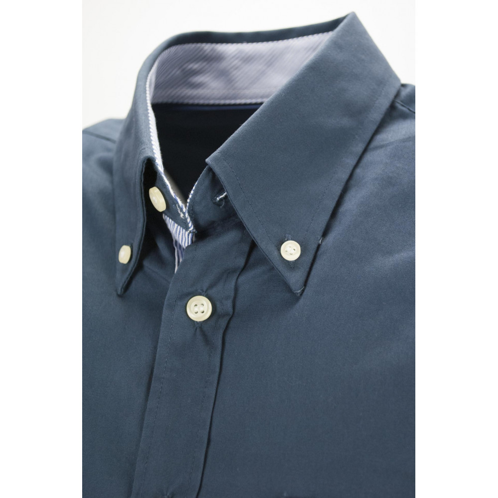 Chemise homme boutonnée en sergé bleu foncé à l'intérieur du col avec des rayures bleu clair - Grino