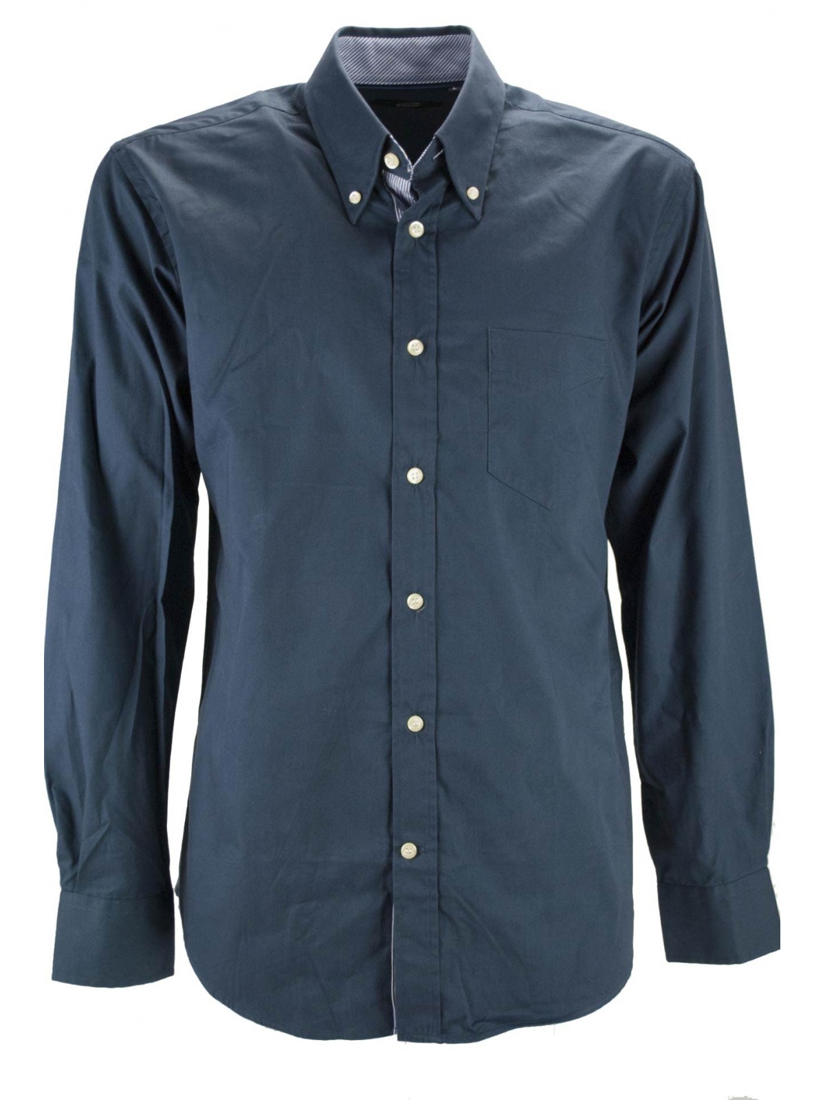 Dark Blue Twill Button Down Man Shirt Light Blue Striped Inside Collar - Grino
