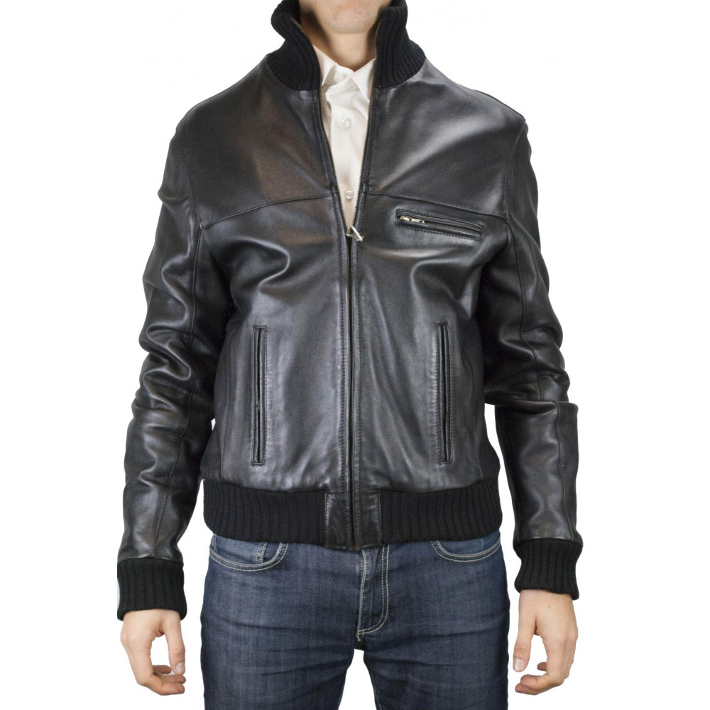 Soft Leather Bomber Jacket Man 50 L Black High Neck