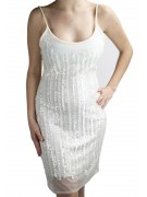 Damen kleid Mini Kleid Elegant M Weiß - Zeilen von Perlen und Pailletten