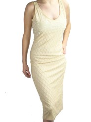 ガウンの女性の優雅なシースドレスM白-アイボリー-ビーズダイヤモンド刺繍