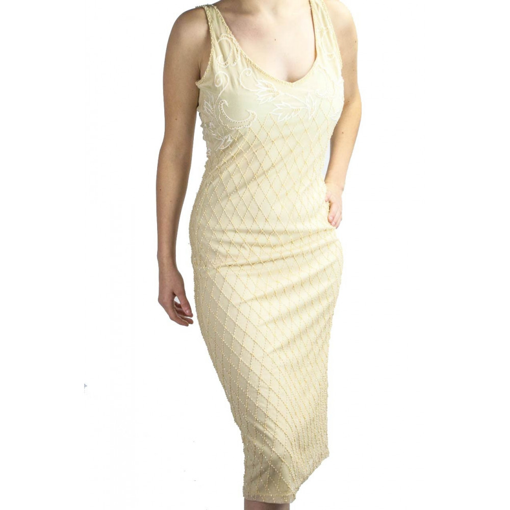 Gown Women's Elegant sheath Dress M White Ivory - Beaded Diamond and Embroidery