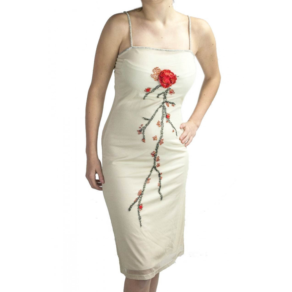 Damen Kleid Etuikleid Elegant M Beige - Perlen Blume Rot